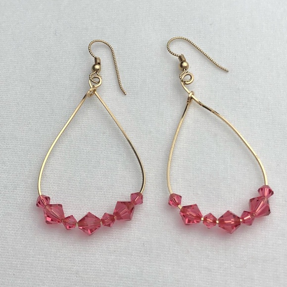 🐷Handmade Wire Earrings With Pink Swarovski Beads - Picture 5 of 5